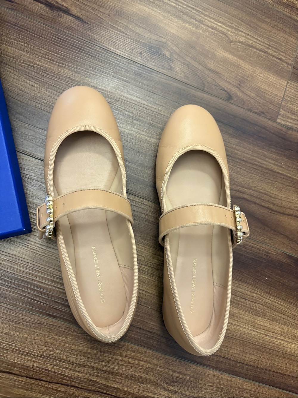 Stuart Weitzman Tan Leather Mary Jane Flats with Decorative Buckle